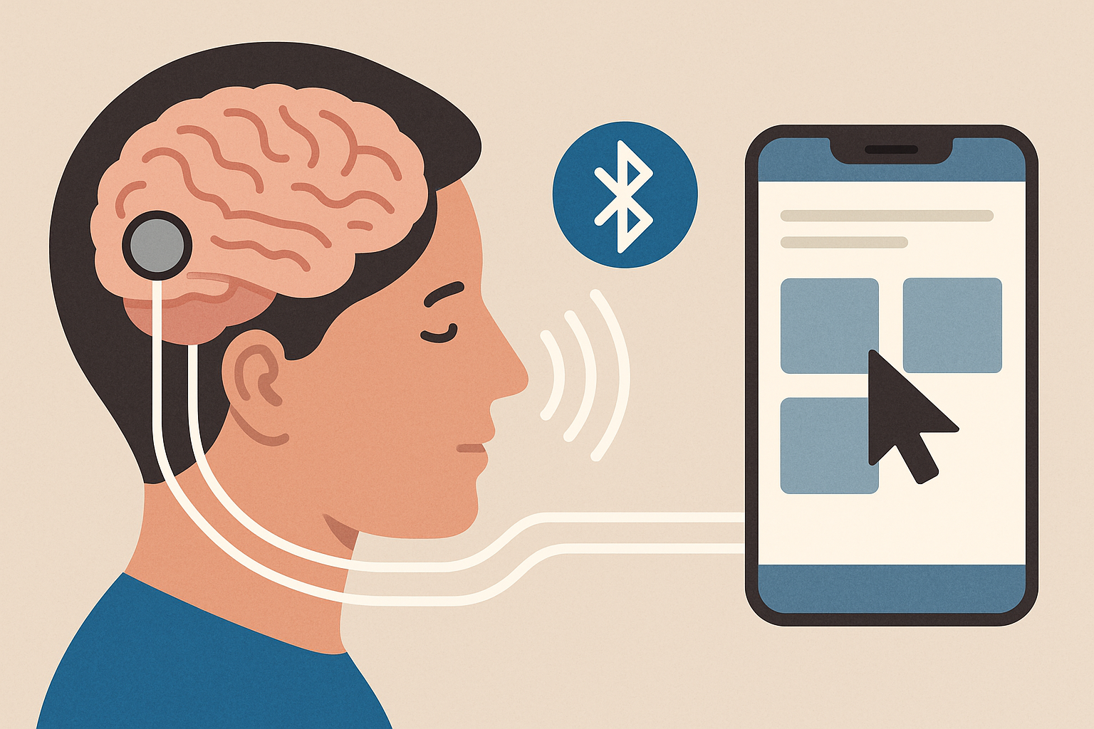 Illustration of Neuralink device wirelessly communicating with a computer and smartphone